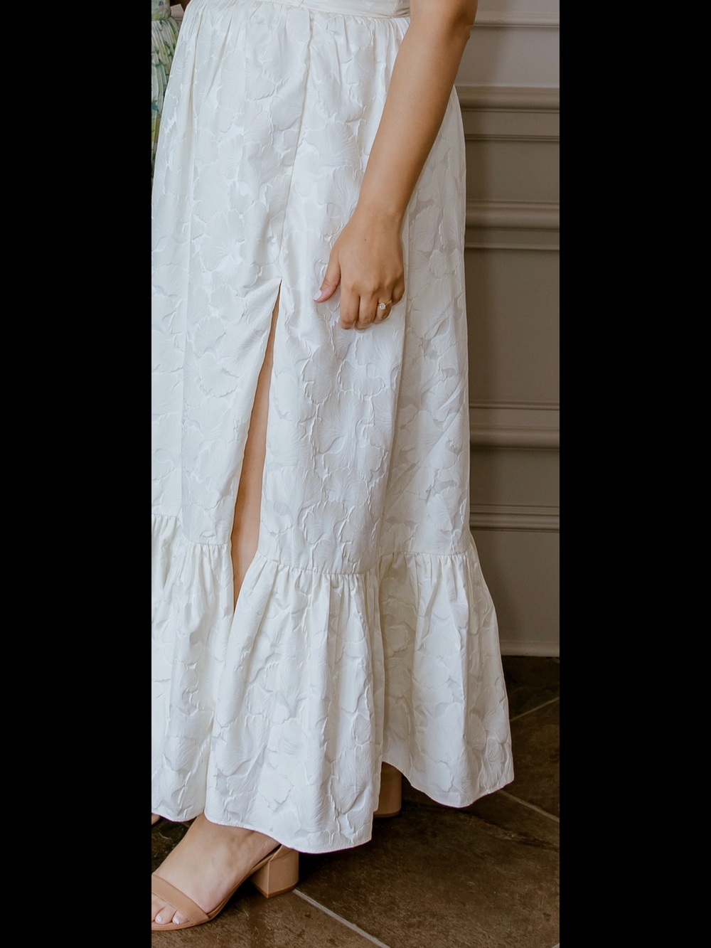 Strapless Off White Jacquard Maxi Dress with Side Slit and corset back - Picture 2 of 4